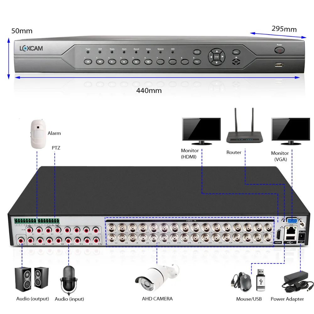 Система видеонаблюдения LOXCAM H.265 + 32 канала 4 МП DVR IP66 для помещений и улицы ночное