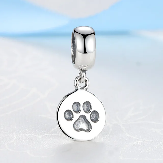 Paw Prints Dangle Настоящее 925 пробы серебряный бисер очарование милые животные милый питомец Кристалл талисманы подходят Pandora Браслеты Женские Ювелирные изделия - Цвет: Paw Prints Dangle