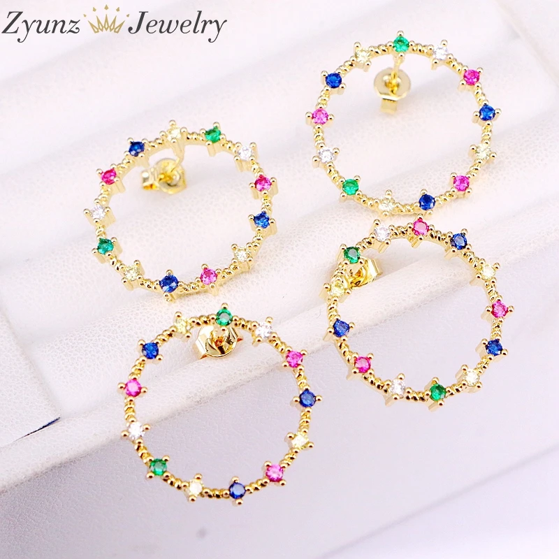 10Pairs, NEW fashion Crystal Round Circle Earrings Rainbow CZ Micro Pave Zirconia Open Round Stud