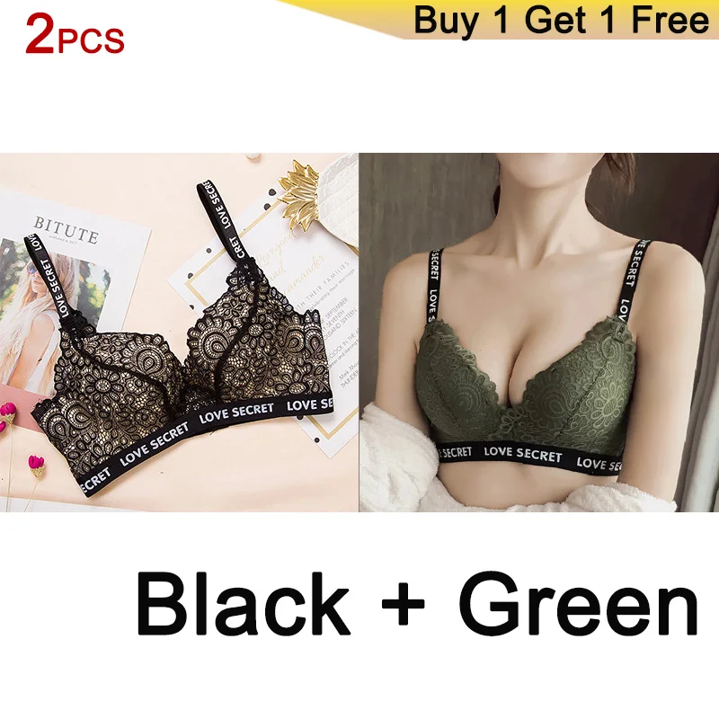 BLACK GREEN DERUILADY, 2 шт., кружевные цветочные надписи, бретели, бюстгальтер для женщин, плюс размер, сексуальное женское белье, комфортный Регулируемый беспроводной бюстгальтер, пуш-ап, женский бюстгальтер - Цвет: BLACK GREEN