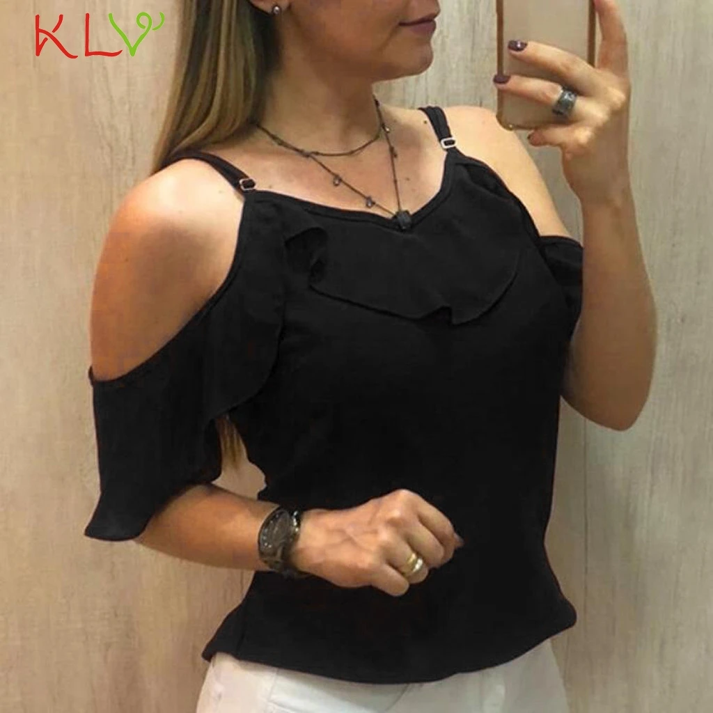 Летняя женская шифоновая Футболка с оборками и открытыми плечами сексуальный