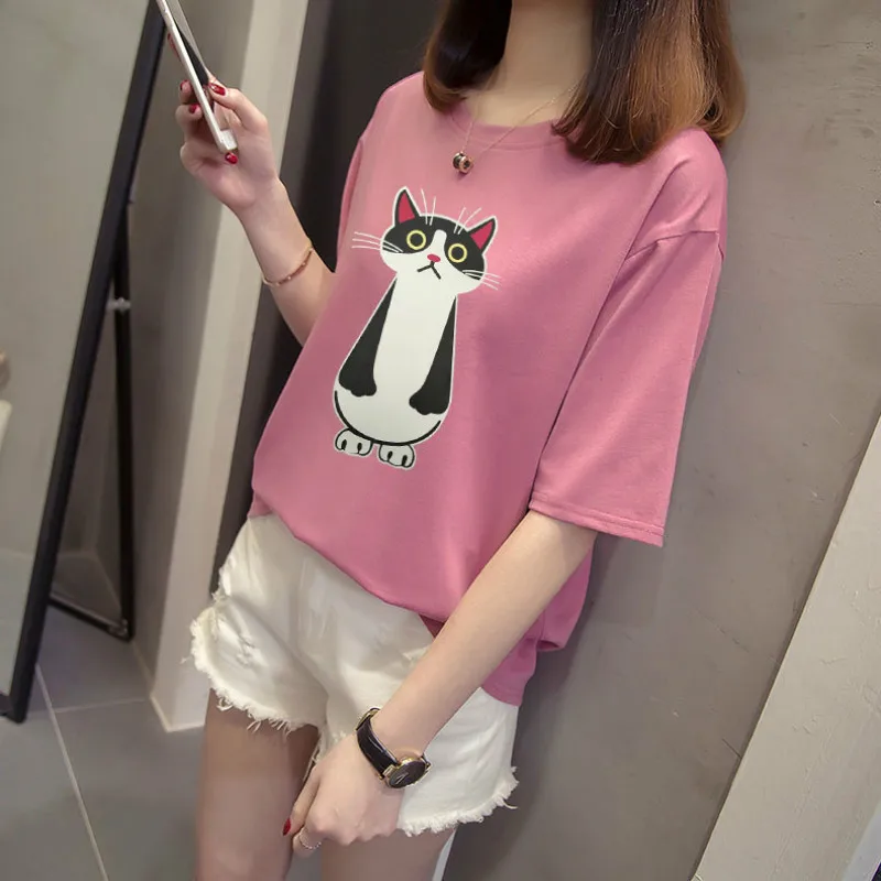 T-shirt female short-sleeved summer 2019 new printing cotton casual fashion loose thin slimming large size women's shirt | Женская