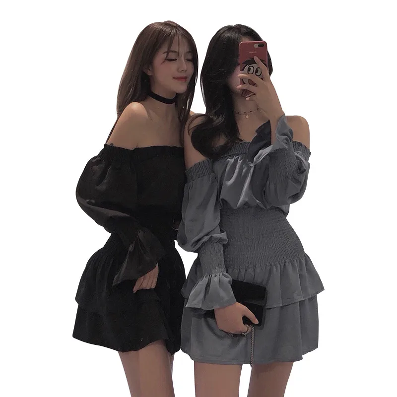 Женское платье-трапеция с длинным рукавом оборками и открытыми плечами | Женская