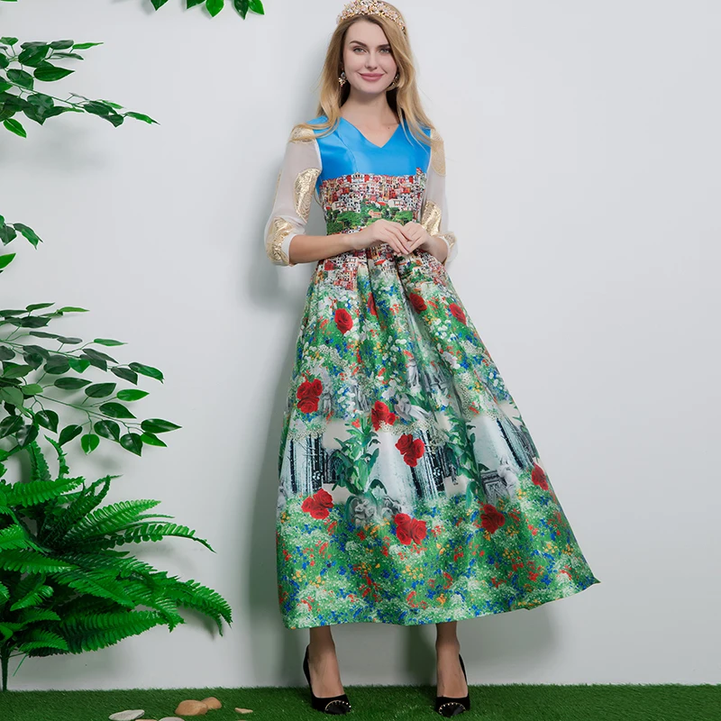 Платье женское винтажное длинное с принтом треугольным вырезом до щиколотки