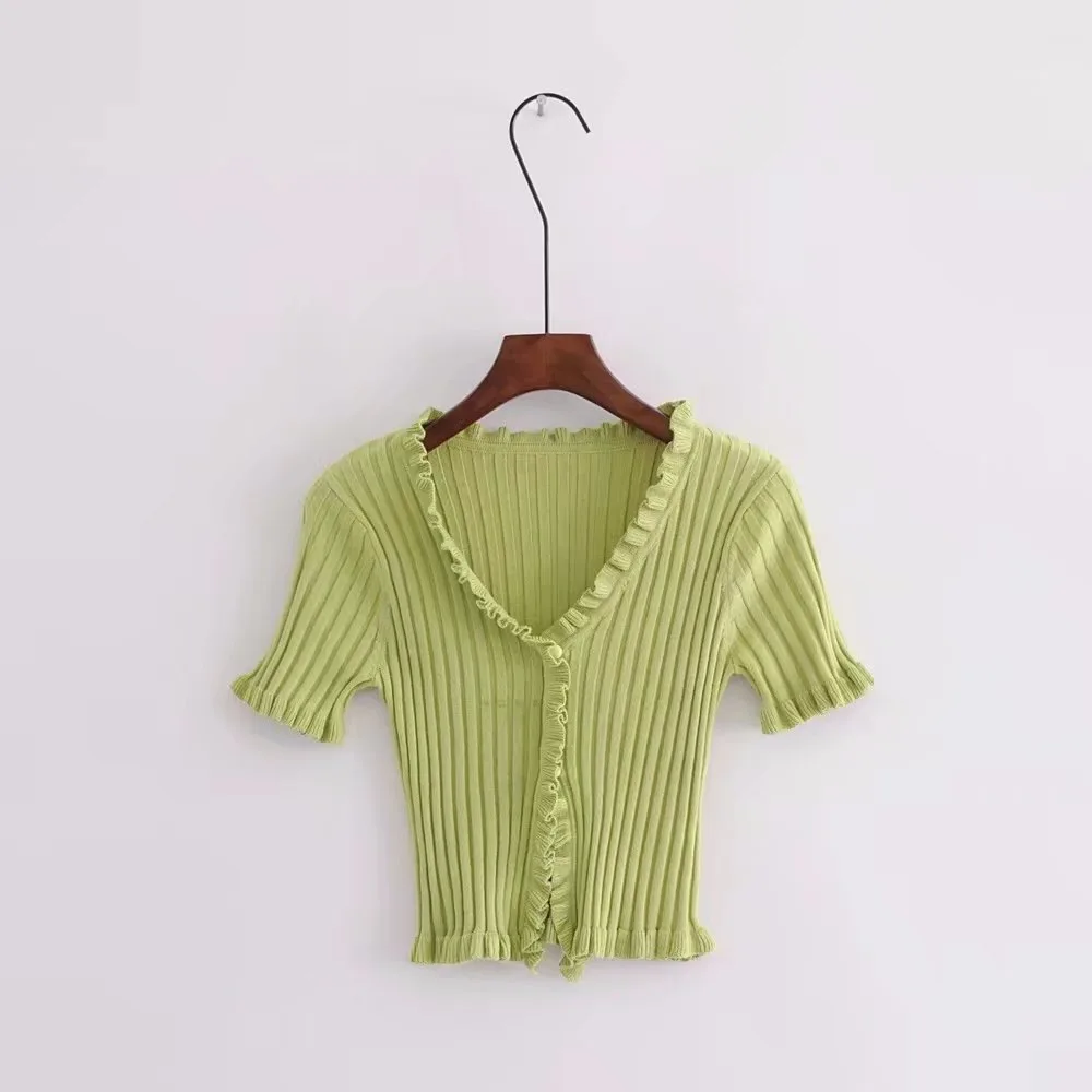 2018 Летняя женская трикотажная короткая рубашка с оборками на рукавах Harajuku