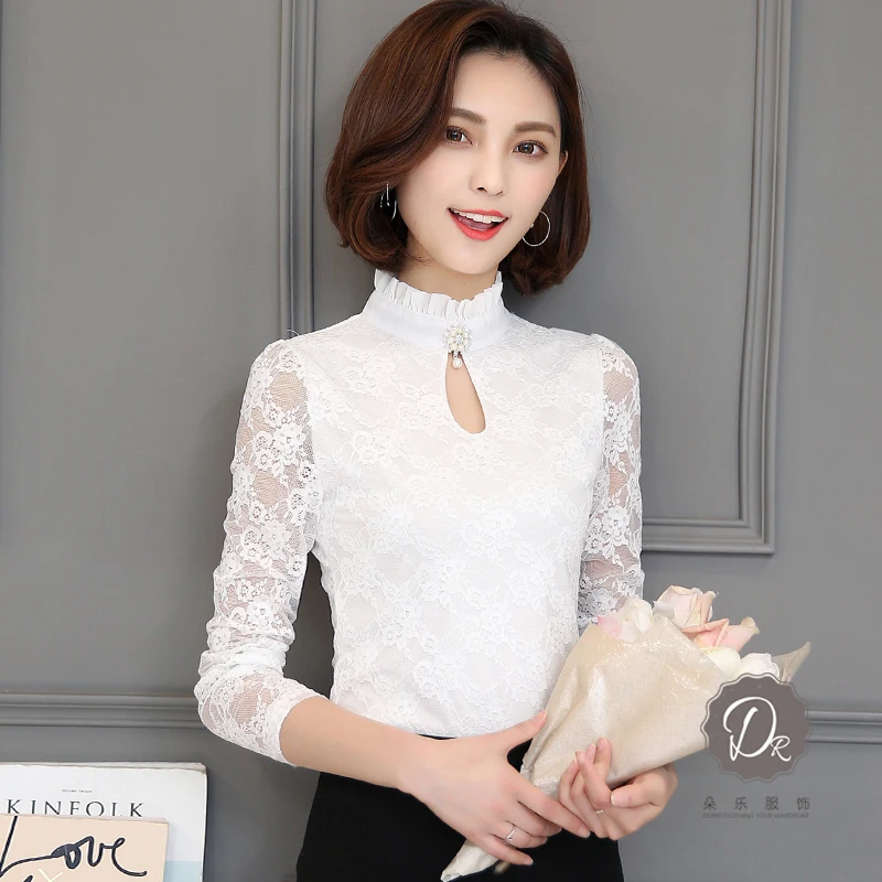 

Korean Lace Shirt For Women Blouse Slim Thick Velvet Ladies Blouse Autumn Winter Blouses Female Elegant Large size Lace Blouses