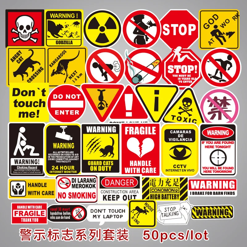 

50 Pcs/Set Sign Decal Stickers Logo And Warning Stationery Stickers For Luggage Laptop Bicycle Motocycle Fridge Guitar