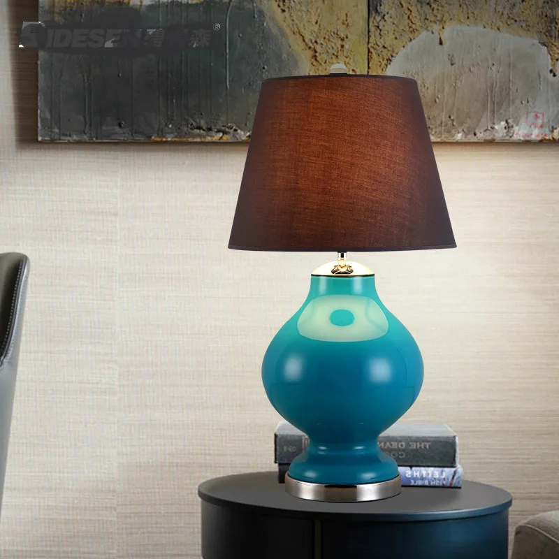 NEW Brief Modern Fashion Country Blue Glass Fabric Led E27 Table Lamp for Living Room Bedroom H 59cm 1717 | Лампы и освещение
