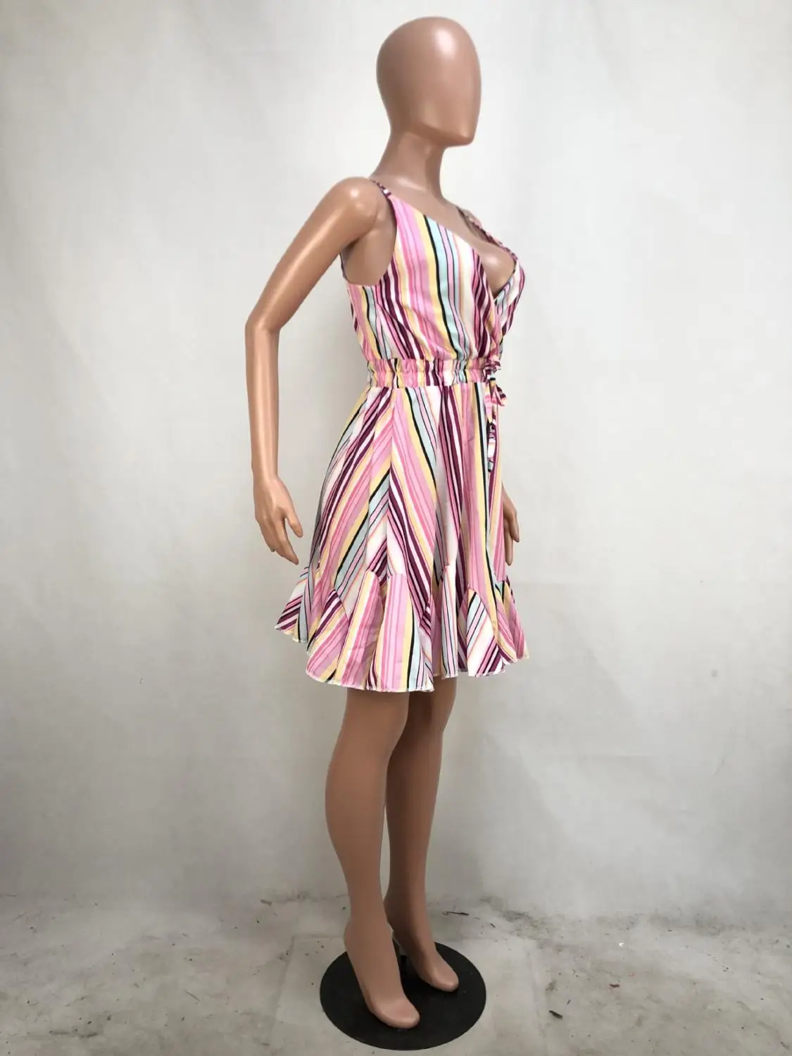 Сексуальная Мода Глубокий V красочный полосатый принт ремень без рукавов Женские