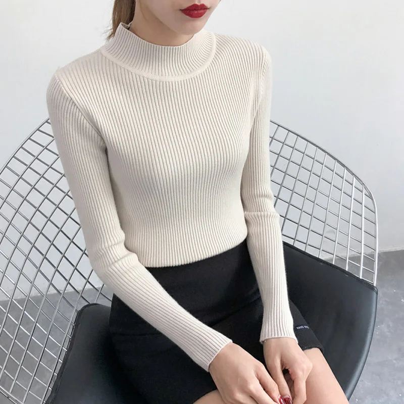 Beige Осень-зима, женские пуловеры, свитер, вязанный, корейский, эластичный, повседневный джемпер, модный, тонкий, водолазка, теплый, женский свитер - Цвет: Beige