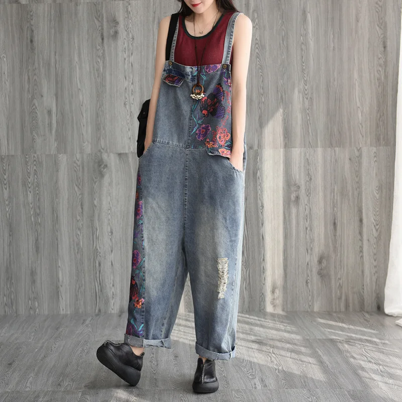 Для женщин с цветочным принтом отбеленный разорванный отверстия джинсовые