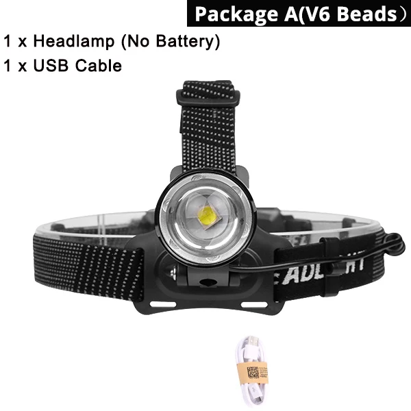 Packge A V6 Самый мощный 50000LM XHP70 светодиодный налобный фонарь Водонепроницаемый V6 XHP50 налобный светильник Перезаряжаемый 18650 Zoom Головной фонарь велосипедный светильник фонарь - Испускаемый цвет: Packge A V6