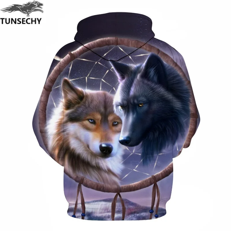 Модные мужские толстовки TUNSECHY с капюшоном и 3D принтом волка мужские/женские