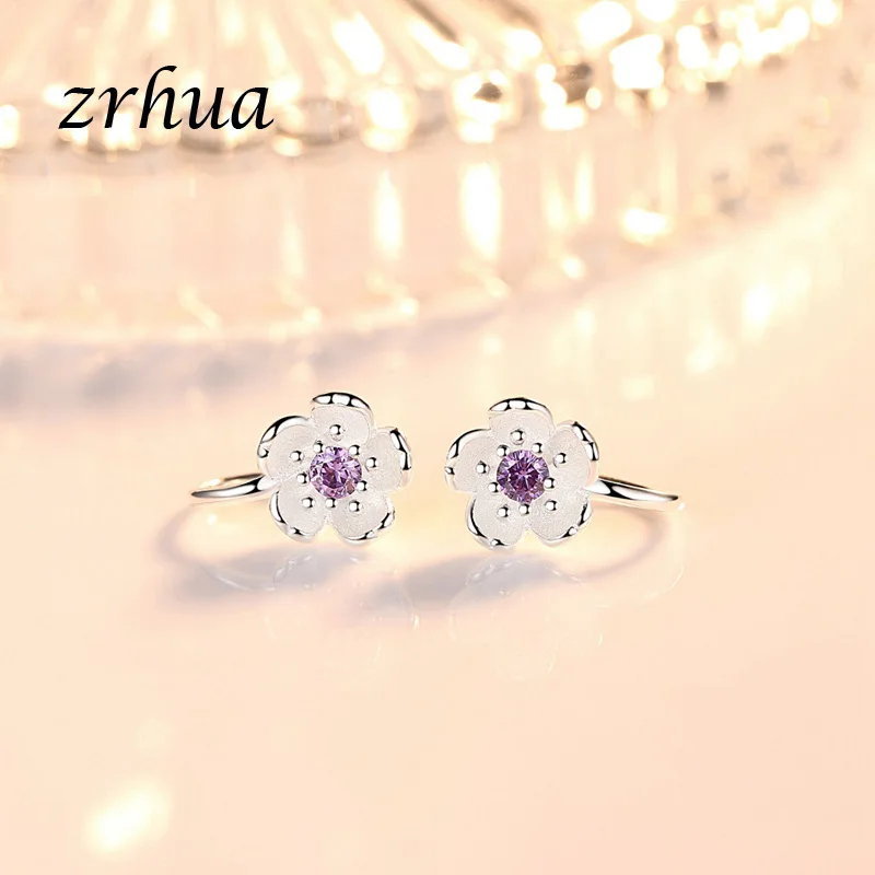 

ZRHUA New Fashion Jewelry 925 Silver Clip Earrings Shiny Pink/Purple Flower Brincos Accessories Vintage Earring for Women Gifts