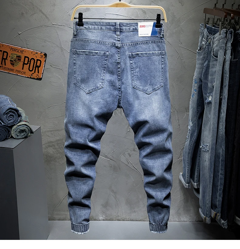 Для мужчин джинсы Slim Fit Light Blue Эластичный выдалбливают разорвал ноги Jogger Брюки Мужской досуг Modis Trend уличной джинсы homme