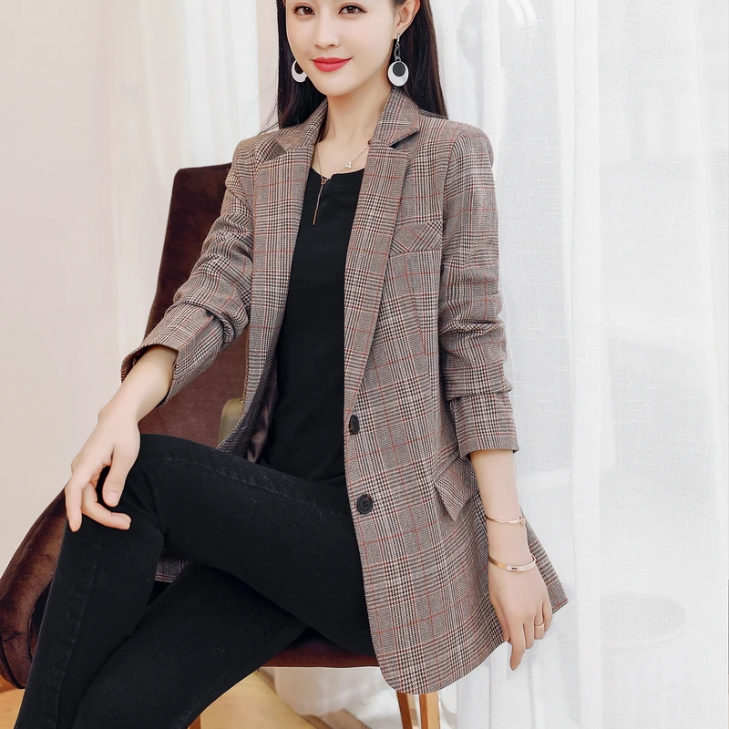 Высокое качество Новые женские блейзеры и куртки весна осень плед blaser feminino