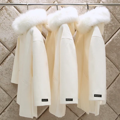 Beige white Зимняя мода приталенное женское белое корейское пальто с капюшоном искусственная шерсть куртка размера плюс длинный плащ Женское пальто - Цвет: Beige white