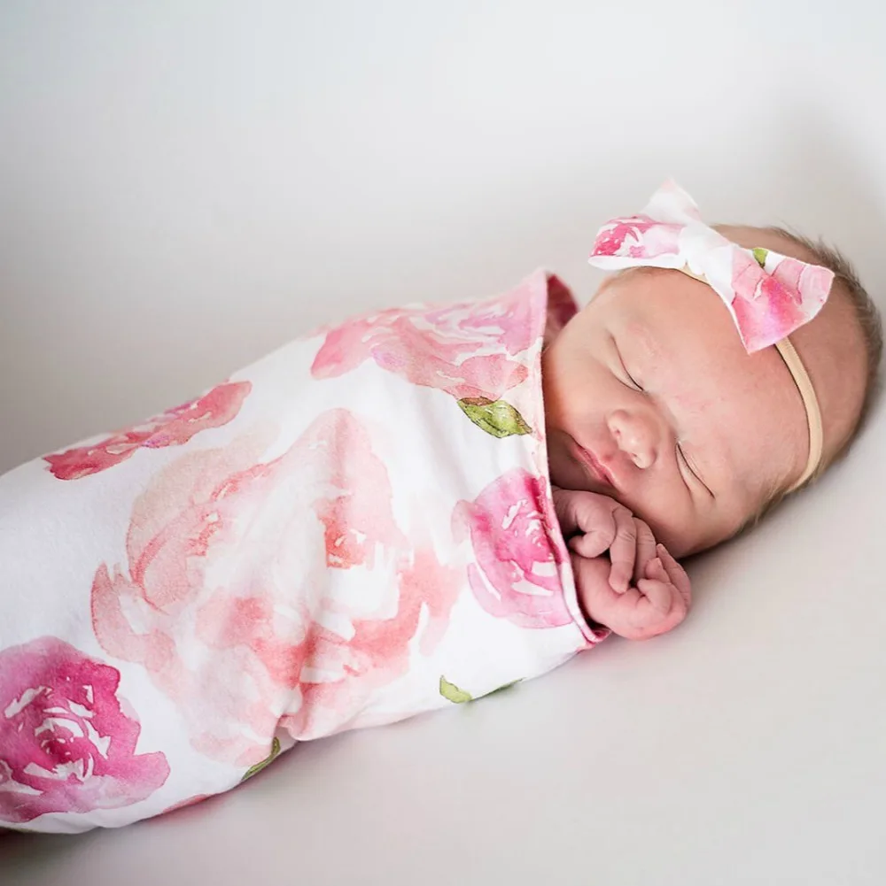 

2022 Newborn Baby Girl Receiving Swaddle Blanket Set Headband Bow Flowers Floral Cute Sleepbag