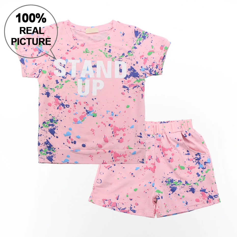 Pink Startist Одежда для мальчиков, футболка+ шорты, комплекты летней детской одежды из 2 предметов, спортивная одежда для подростков, одежда для больших девочек 6, 8, 10, 12, 14 лет - Цвет: Pink