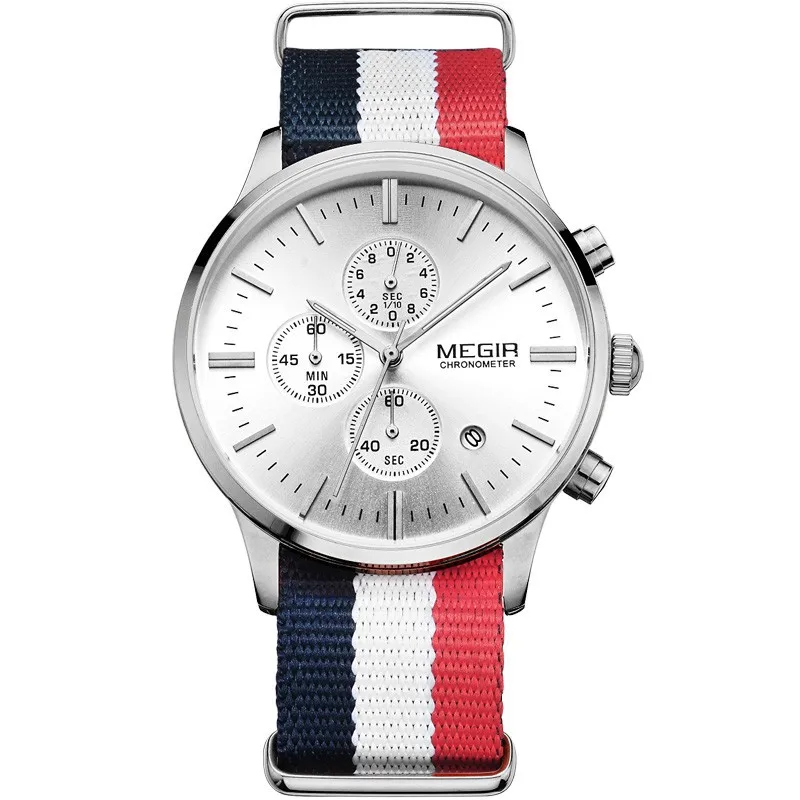 fabric white red S Megir relojes hombre роскошные Брендовые мужские наручные часы модные повседневные часы с кожаным ремешком Хронограф Спортивные часы золотые антикварные мужские часы - Цвет: fabric white red S