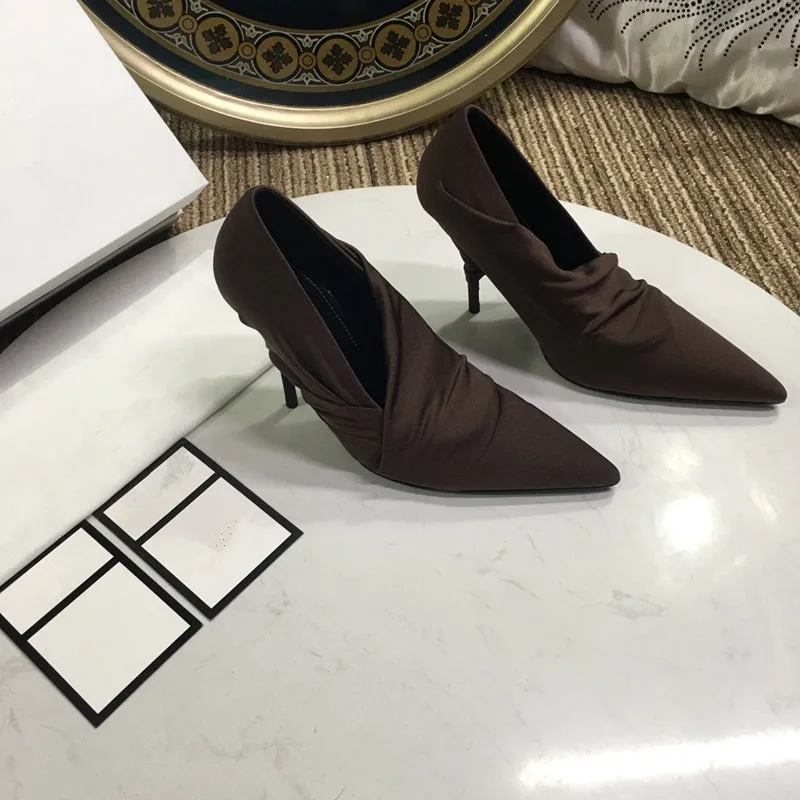 Dark brown Подиумные стильные шелковые туфли на тонком высоком каблуке разноцветные свадебные туфли с острым носком без шнуровки женские туфли на шпильках, весна - Цвет: Dark brown