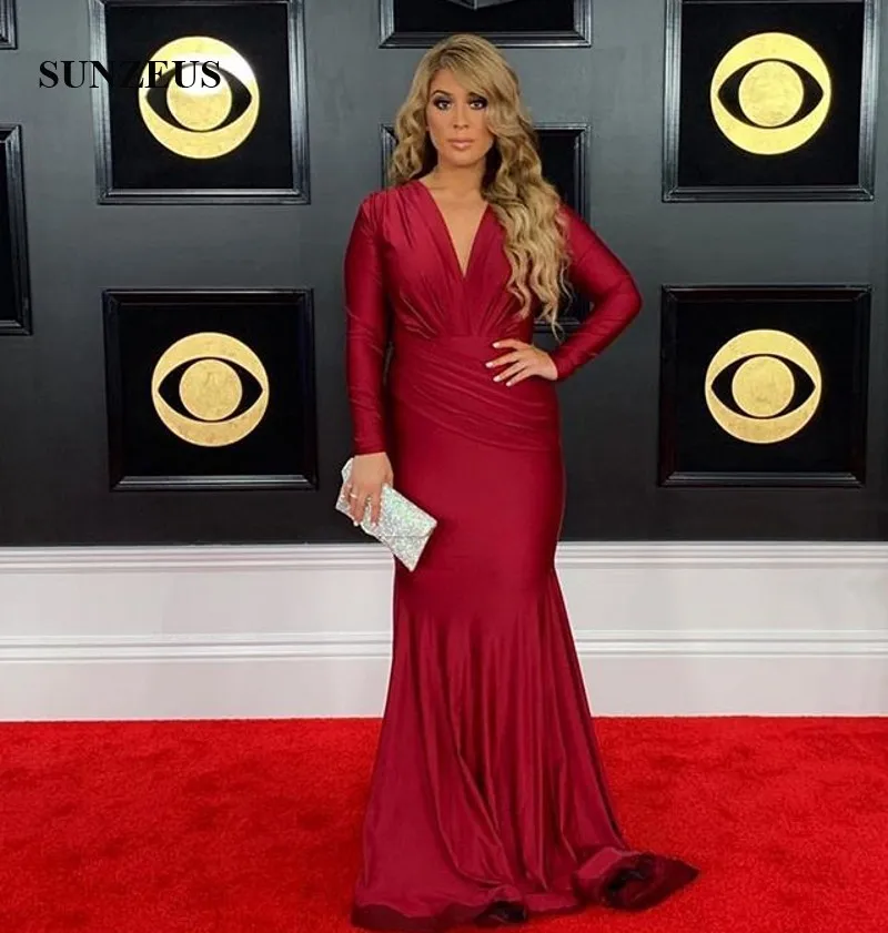 Женское вечернее платье с юбкой-годе винно-красное из джерси V-образным вырезом и