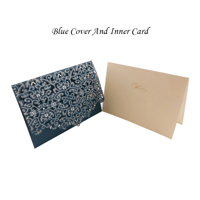 Blue Cover Insert 100 шт золотые, белые, синие, красные конверты с лазерной огранкой, роскошные свадебные пригласительные открытки с цветочным рисунком, кружевные конверты с принтом, украшения для свадебной вечеринки - Цвет: Blue Cover Insert