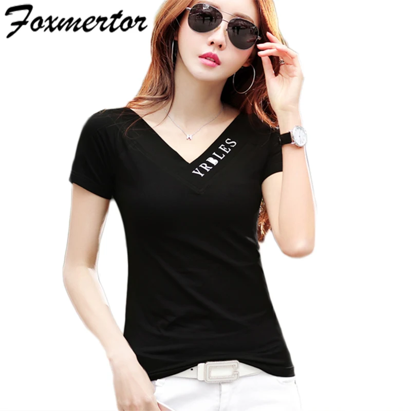 Женская футболка в полоску с V образным вырезом и коротким рукавом|Футболки| |