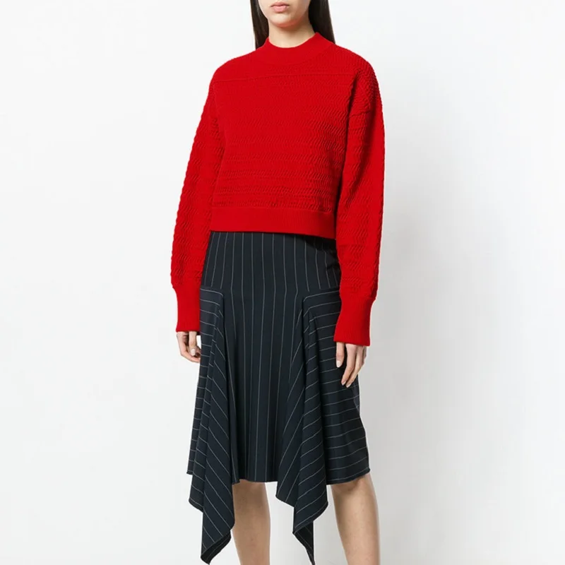 2018 г. зимние элегантные красный вязаный свитер пуловер Для женщин с длинными