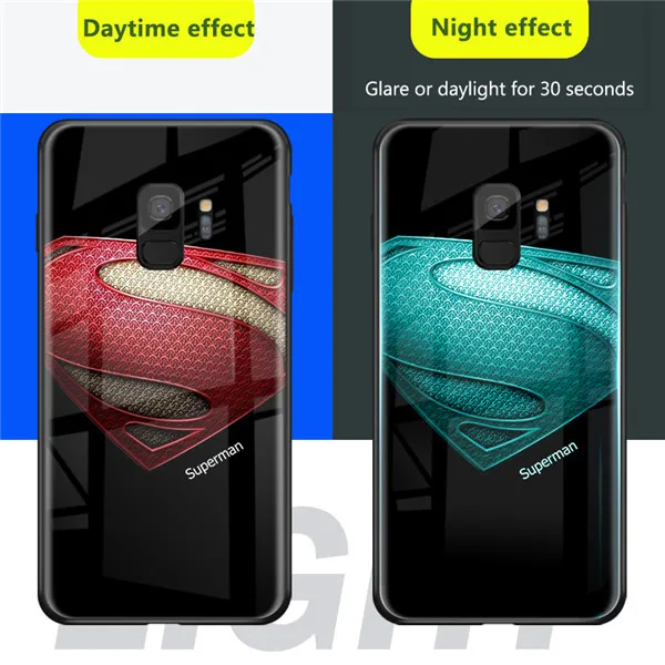 Superman-1 Горячая Мода светящийся Человек-паук закаленный стеклянный чехол для телефона для samsung galaxy s8 s9 s10 plus Note 8 9 Мстители чехол с суперменом светильник - Цвет: Superman-1