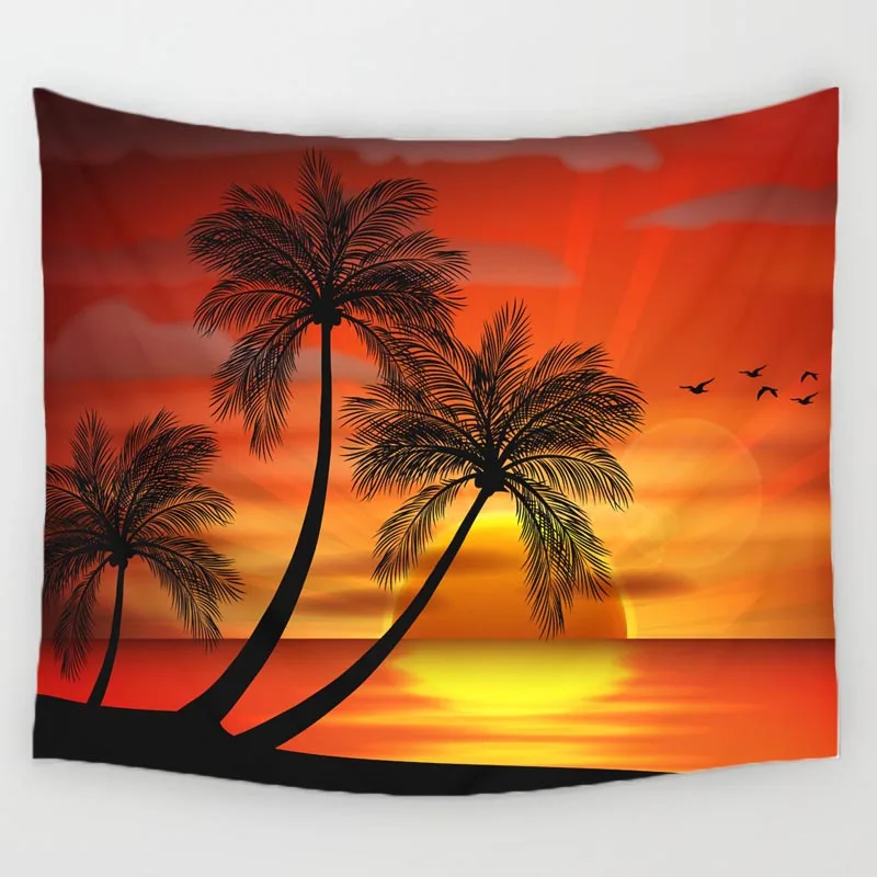 Comwarm Cozy Sunset Coastal Natural Scenery Wall Hanging Gobelin Mural Coconut Tree Printed Polyester Tapestry Bedroom Decor Art | Дом и сад