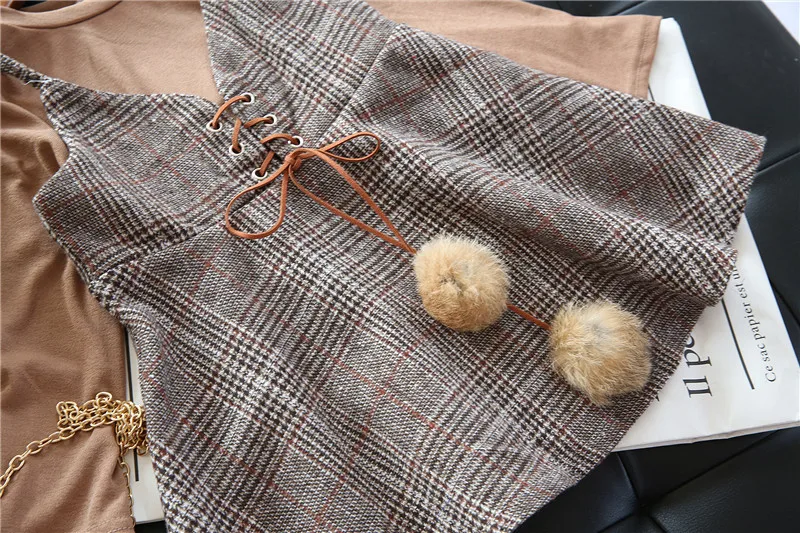 Осень 2019 Топ с длинным рукавом для девочек + клетчатое платье на бретелях игрой