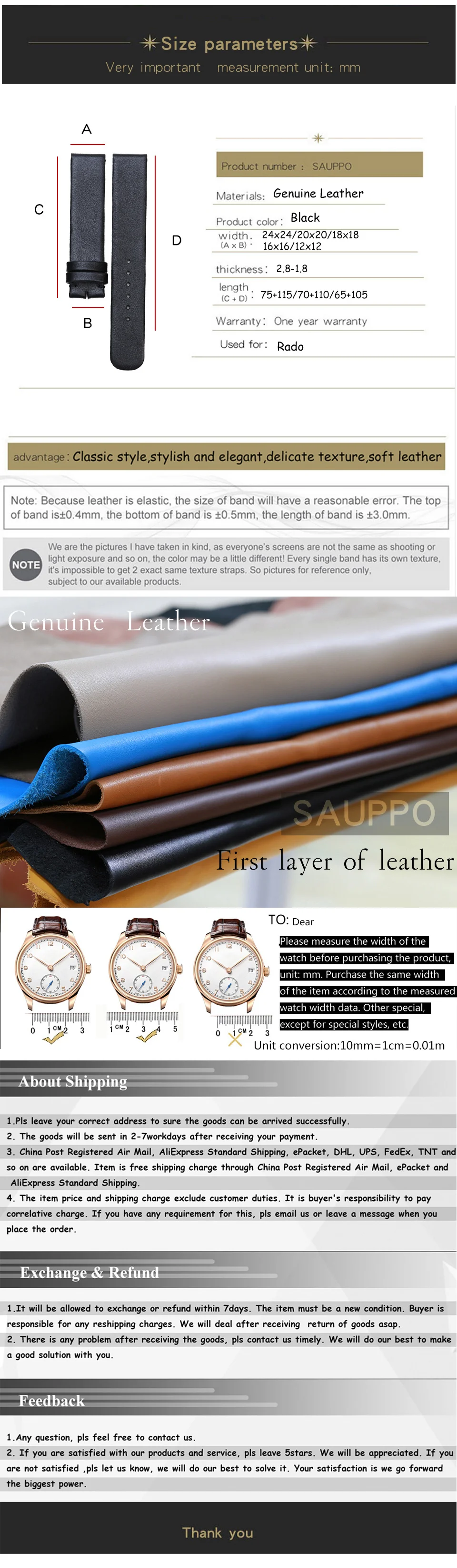 SAUPPO подходит для Rado Esenza гладкое зерно черного телячьей кожи кожаный ремешок для мужчин и женщин ремешок для часов