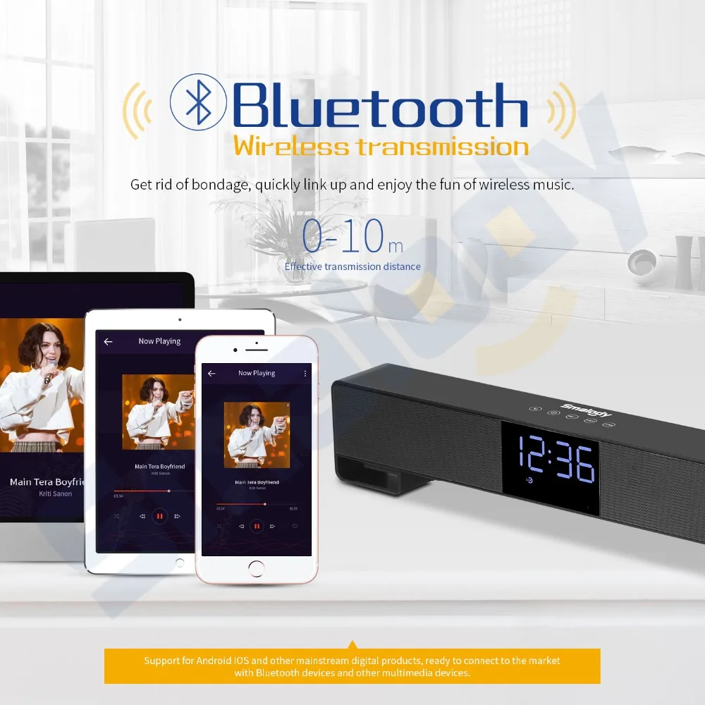 Smalody беспроводной Bluetooth динамик Саундбар ТВ 10 Вт портативный мини звуковая коробка музыка громкий динамик домашний кинотеатр будильник светодиодный AUX радио FM