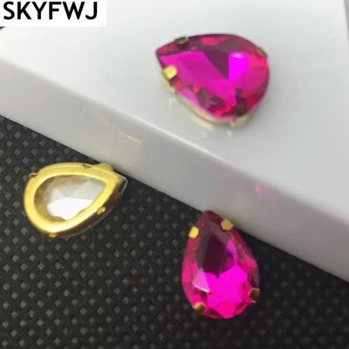 rose red Link2: грушевидная капелька насыщенных цветов 10x14 мм для шитья на стеклянном кристалле Необычные Стразы золотого цвета с открытой спиной для свадебного платья - Цвет: rose red