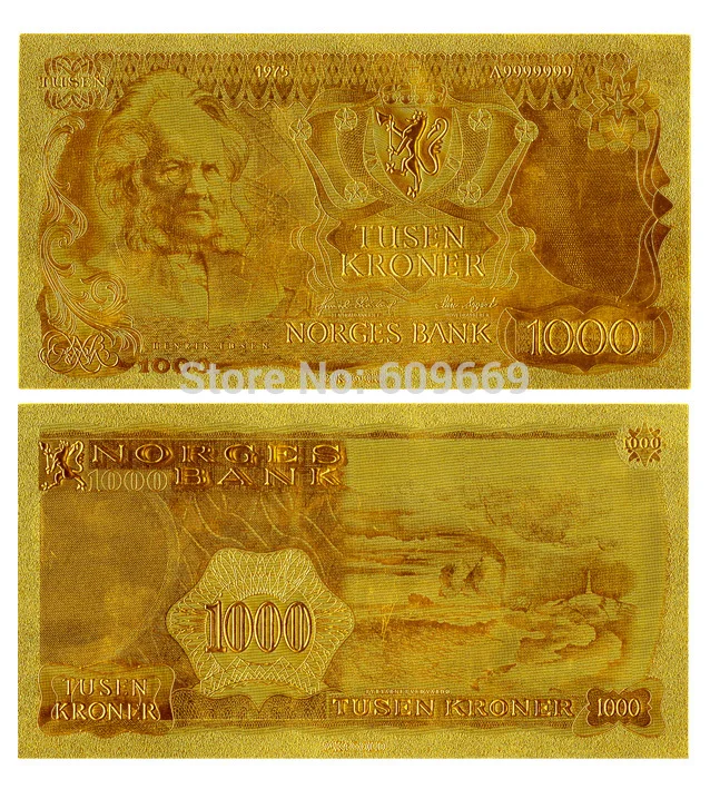 Коллекция ремесел Золотая фольга из Норвегии Банкнота 999/1000 ущелье 1000 крон|gold peep