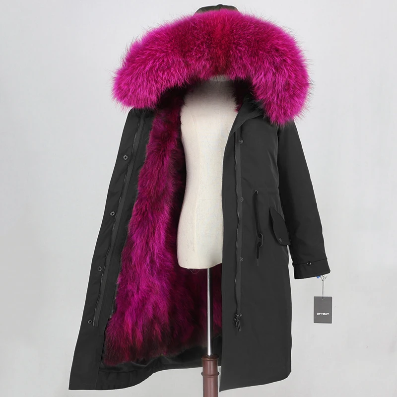 black rose OFTBUY X-long Parka, водонепроницаемая верхняя одежда, зимняя куртка для женщин, натуральный мех енота, капюшон, подкладка из лисьего меха, Съемный натуральный мех - Цвет: black rose
