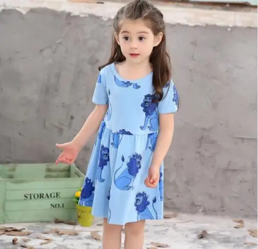 Children kids Summer Dress Baby Girls Cartoon Lion Print Short Sleeve Princess Blue | Детская одежда и обувь