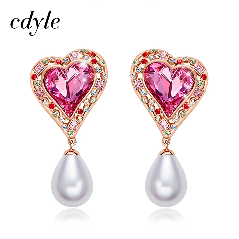 Cdyle женские золотые серьги украшенные кристаллами жемчужное Сердце радуги
