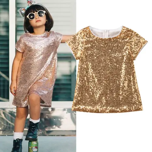 Sequins Short Sleeve Dress Girls Baby Kid Summer Party Pageant Gown Princess Children Casual Sundress | Детская одежда и обувь