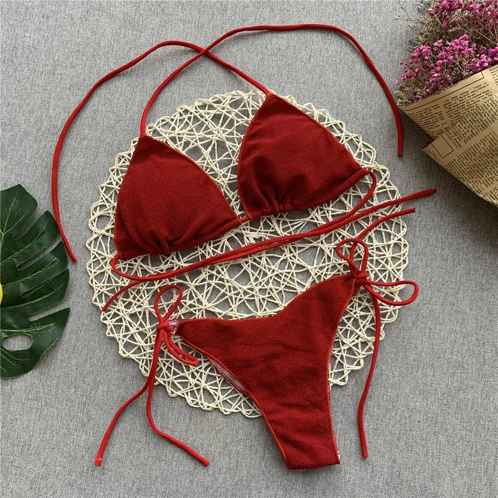 Женский купальник бикини из двух частей однотонный Блестящий пляжная одежда