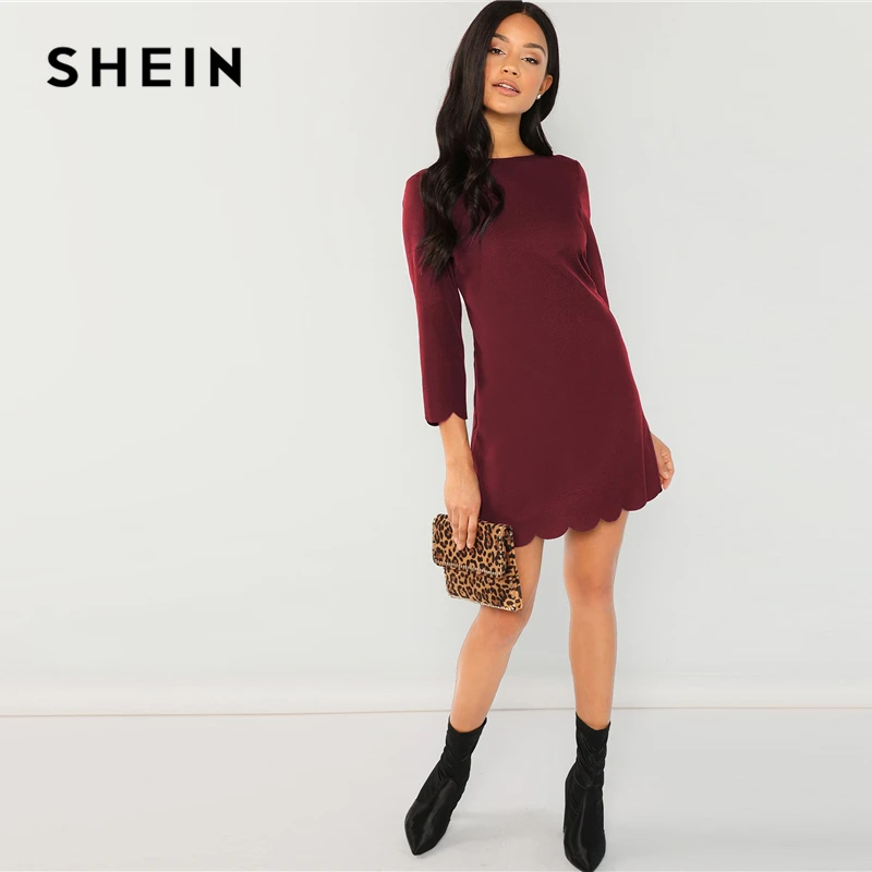 SHEIN бордовое офисное женское платье-туника с круглым вырезом и рукавами 3/4, осень, элегантная рабочая одежда, женские платья
