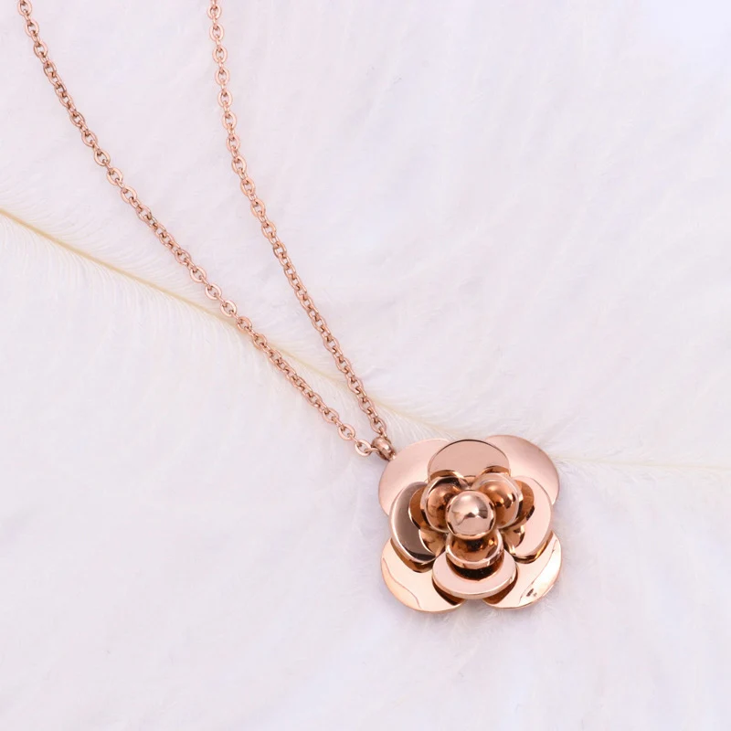 Титановая сталь Розовое золото Повесить большой цветок камелии цепи короткое