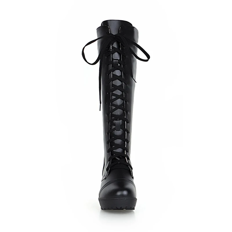 Женские сапоги до колена KARINLUNA черные на платформе и квадратном каблуке с мехом