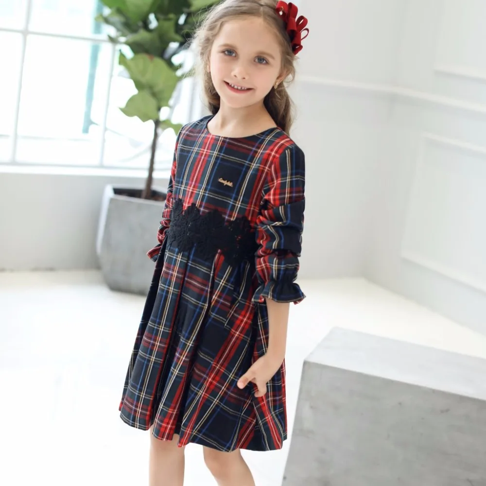 Детское платье осень 2017 г. Новые для девочек сладкий красный плед лотоса с