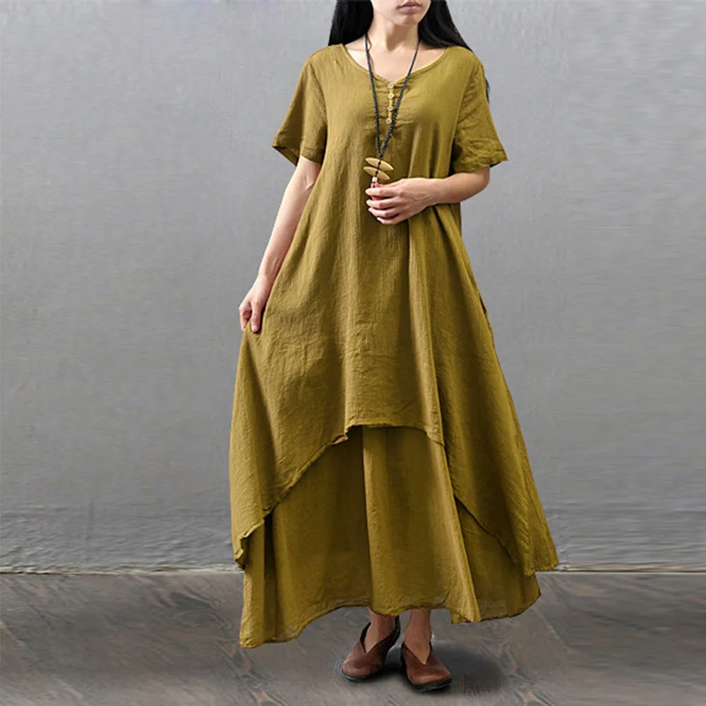 Short Sleeve Yellow Свободные Простые платья макси с коротким рукавом, белое винтажное платье с длинным рукавом, свободное необычное пляжное платье в стиле бохо, одежда больших размеров на лето и весну - Цвет: Short Sleeve Yellow