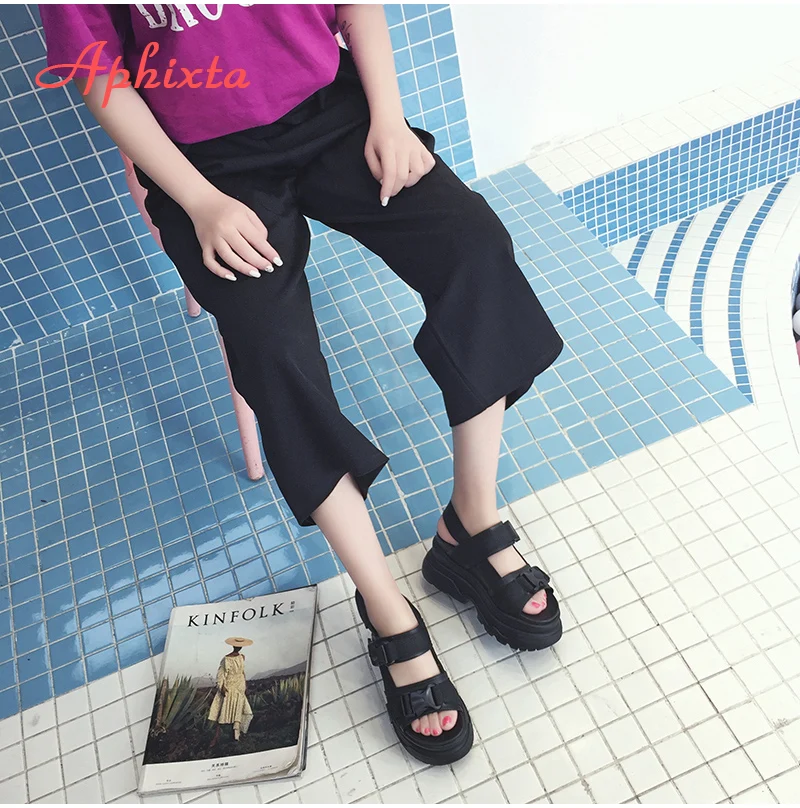 Aphixta/Босоножки на платформе 8 см; женская обувь на танкетке и высоком каблуке; женские кожаные парусиновые Летние босоножки с пряжкой; Zapatos Mujer; женские босоножки на танкетке