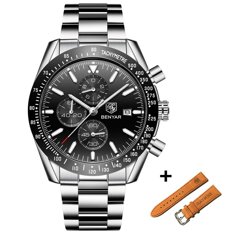 Steel Black BENYAR мужские s комплект часов бизнес полный стальной кварцевые часы мужские роскошные повседневные водонепроницаемые спортивные часы Relogio Masculino - Цвет: Steel Black