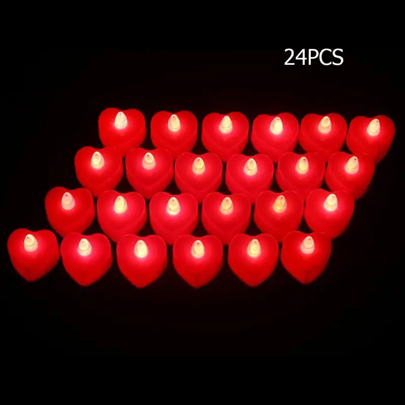 Heart Shape Red 24 шт. в форме сердца/круглый светодиодный свечи на батарейках моделирование мигающий чай свет День рождения Свадебные украшения - Цвет: Heart Shape Red