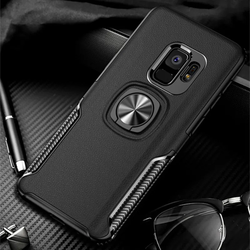 Кожаный чехол-подставка с текстурой для samsung Galaxy S9, S8, S10 Plus, Note 10, 9, 8, кольцевой держатель, Магнитный защитный чехол для J4, J6, J8, A8 - Цвет: black